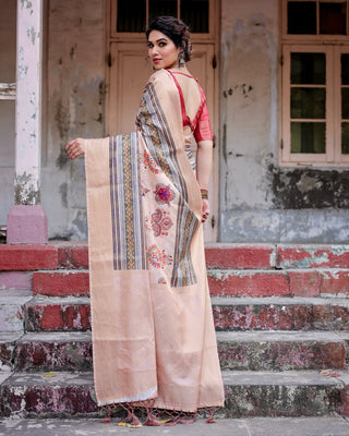 Elegant Peach Banarasi Silk Saree with Multicolor Embroidery and Tassels BANARASI PRINTED