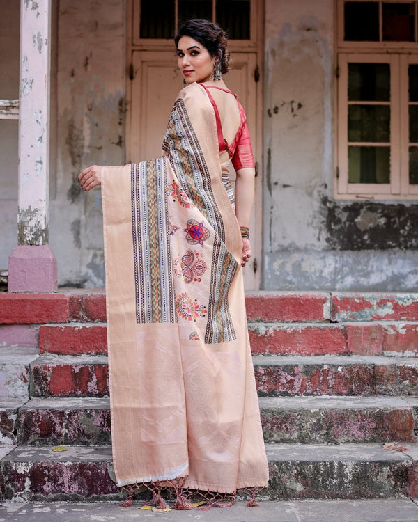 Elegant Peach Banarasi Silk Saree with Multicolor Embroidery and Tassels BANARASI PRINTED