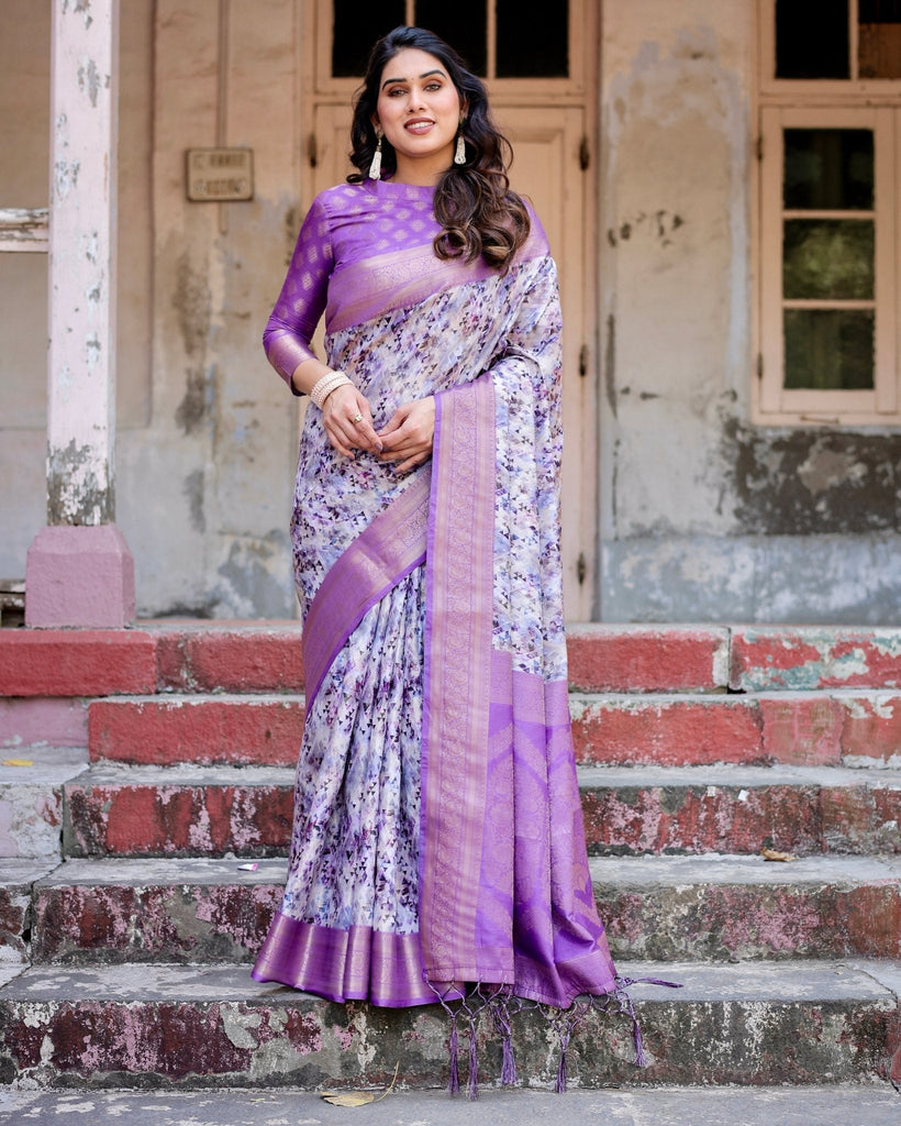 Lavender and White Geometric Floral Digital Print Banarasi Silk Saree with Zari Weave and Tassel-Embellished Pallu BANARASI PRINTED