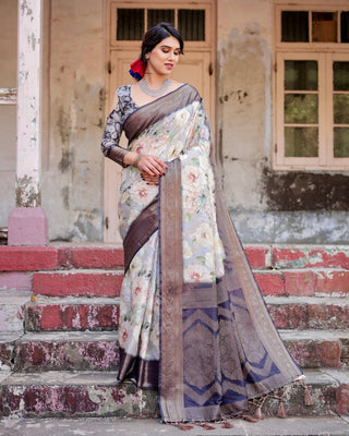 Elegant Gray Banarasi Silk Saree with Navy Blue Zari Weave, Floral Design, and Tassels BANARASI PRINTED