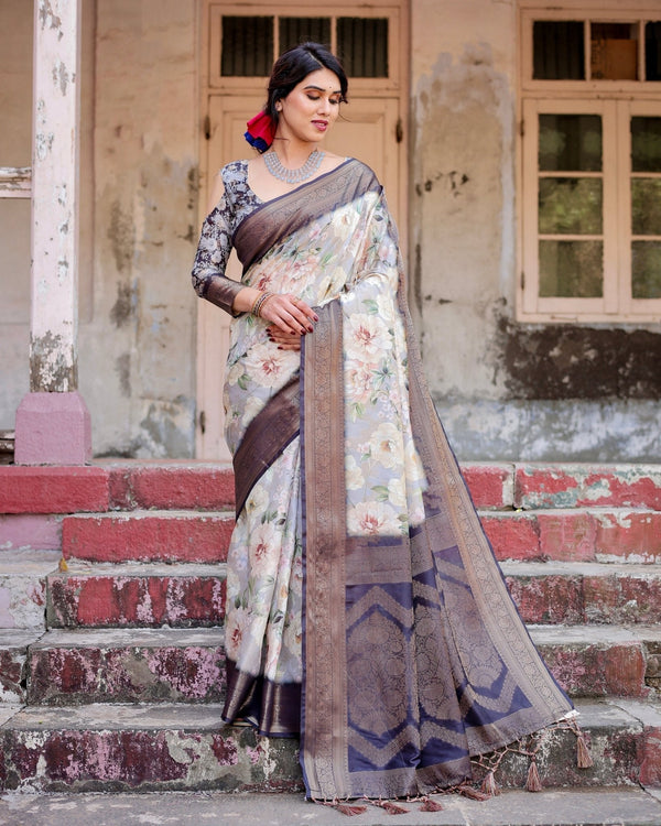 Elegant Gray Banarasi Silk Saree with Navy Blue Zari Weave, Floral Design, and Tassels BANARASI PRINTED