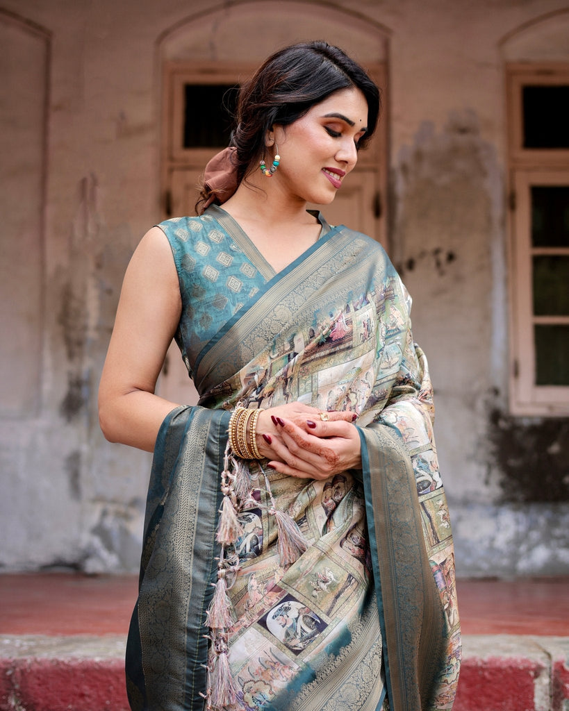 Graceful Teal Banarasi Silk Saree with Digital Vintage Prints and Zari Weaving BANARASI PRINTED