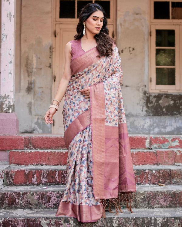 Beige and Pink Geometric Print Banarasi Silk Saree with Zari Weave and Tassel-Embellished Pallu BANARASI PRINTED
