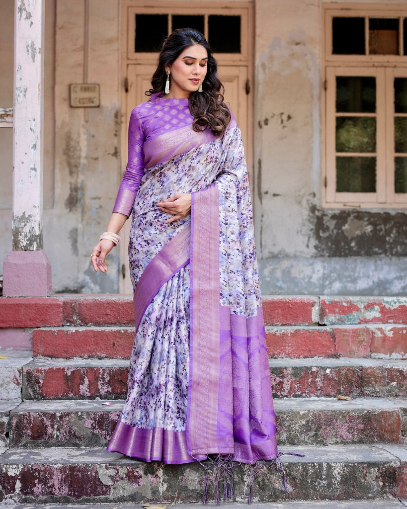 Lavender and White Geometric Floral Digital Print Banarasi Silk Saree with Zari Weave and Tassel-Embellished Pallu BANARASI PRINTED