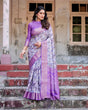 Load image into Gallery viewer, Lavender and White Geometric Floral Digital Print Banarasi Silk Saree with Zari Weave and Tassel-Embellished Pallu BANARASI PRINTED