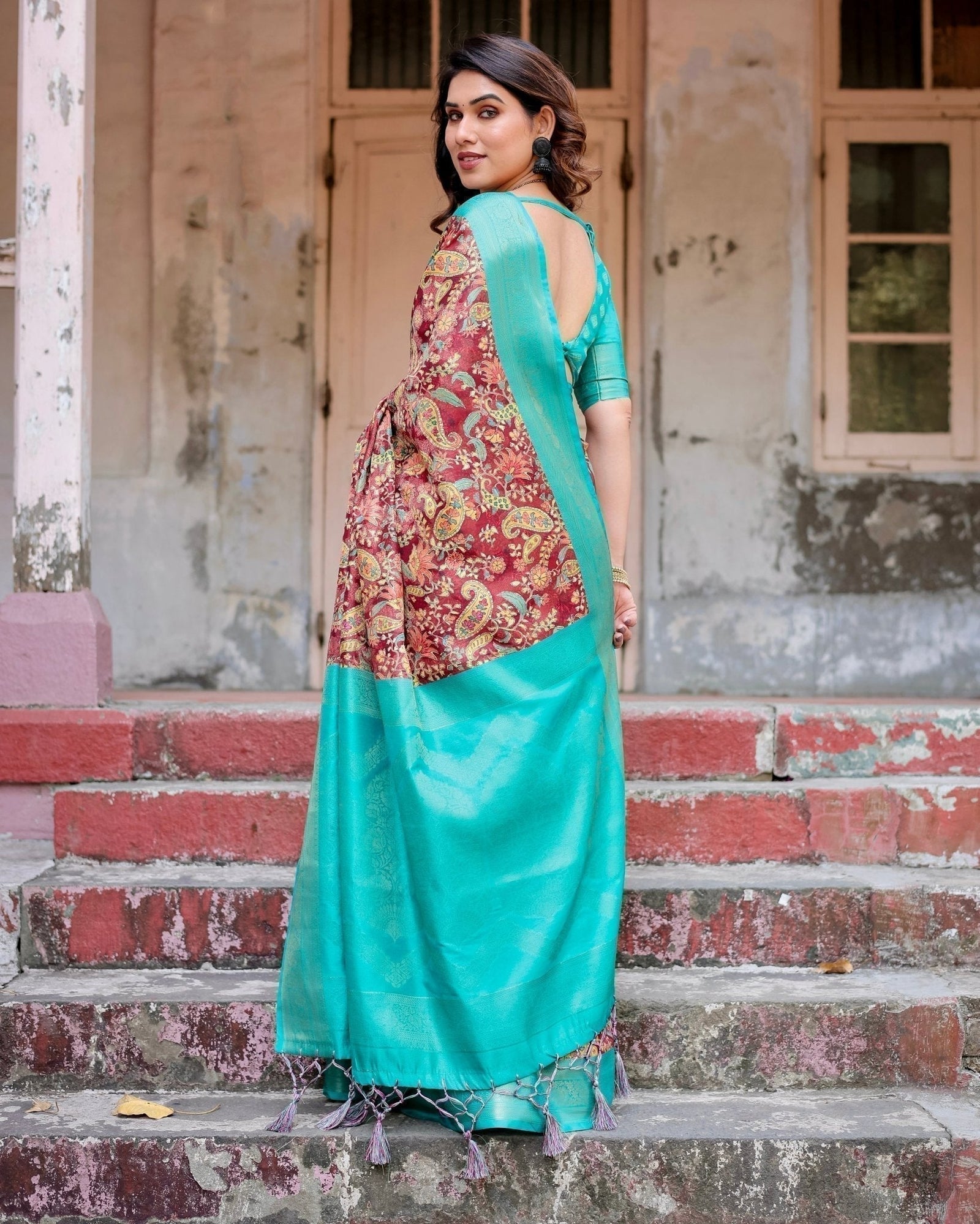 Maroon and Teal Paisley Design Banarasi Silk Saree with Zari Weave and Tassel-Embellished Pallu BANARASI PRINTED