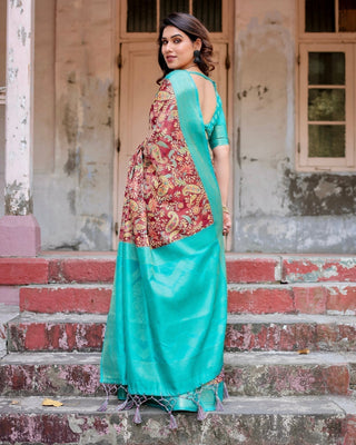 Maroon and Teal Paisley Design Banarasi Silk Saree with Zari Weave and Tassel-Embellished Pallu BANARASI PRINTED