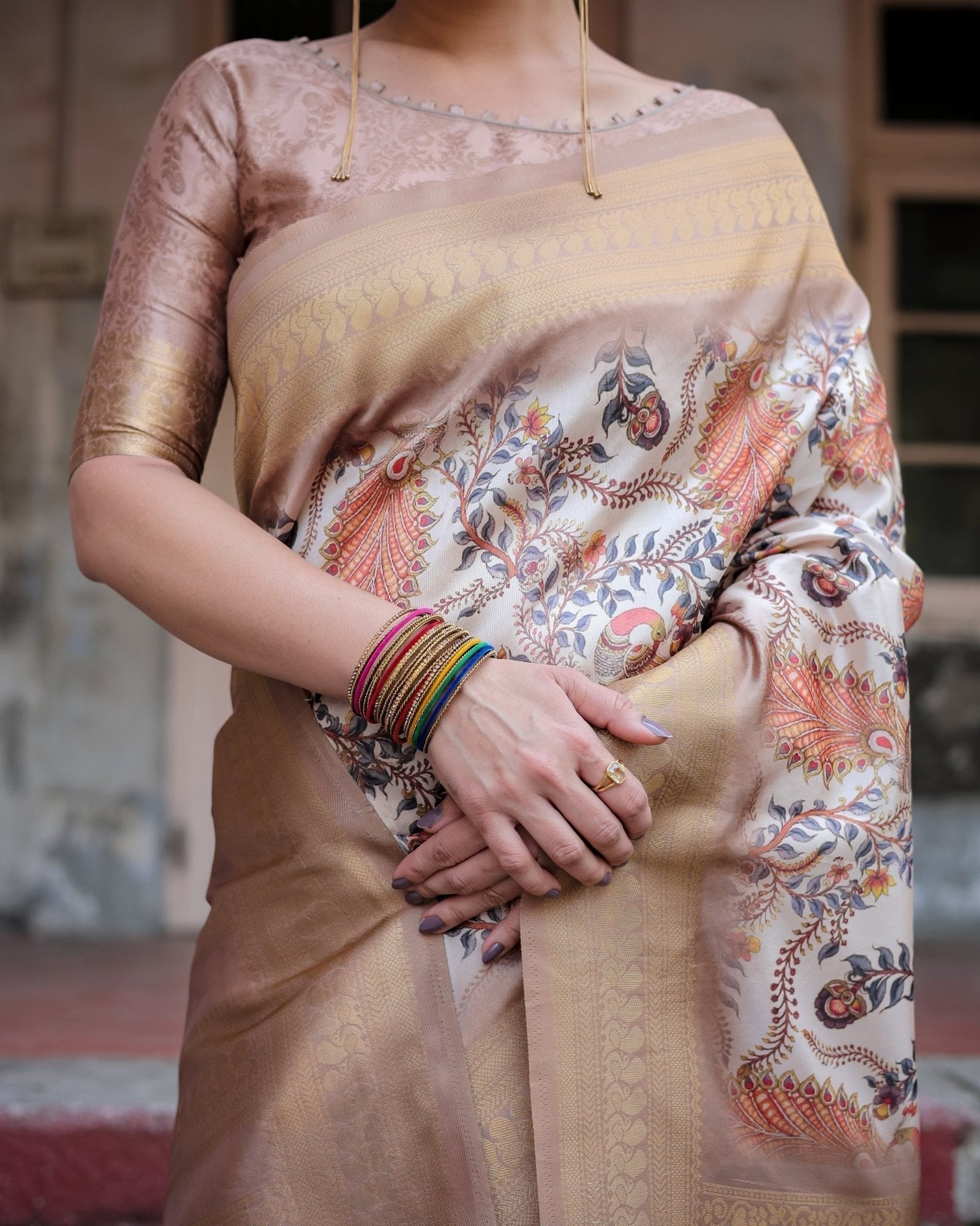 Elegant Beige Floral Banarasi Silk Saree with Zari Weave and Tassels BANARASI PRINTED