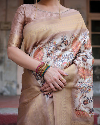 Elegant Beige Floral Banarasi Silk Saree with Zari Weave and Tassels BANARASI PRINTED