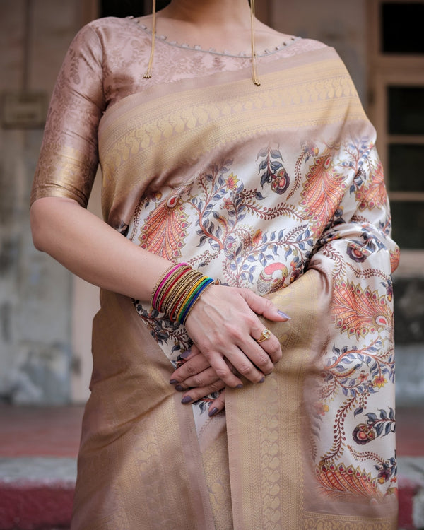 Elegant Beige Floral Banarasi Silk Saree with Zari Weave and Tassels BANARASI PRINTED