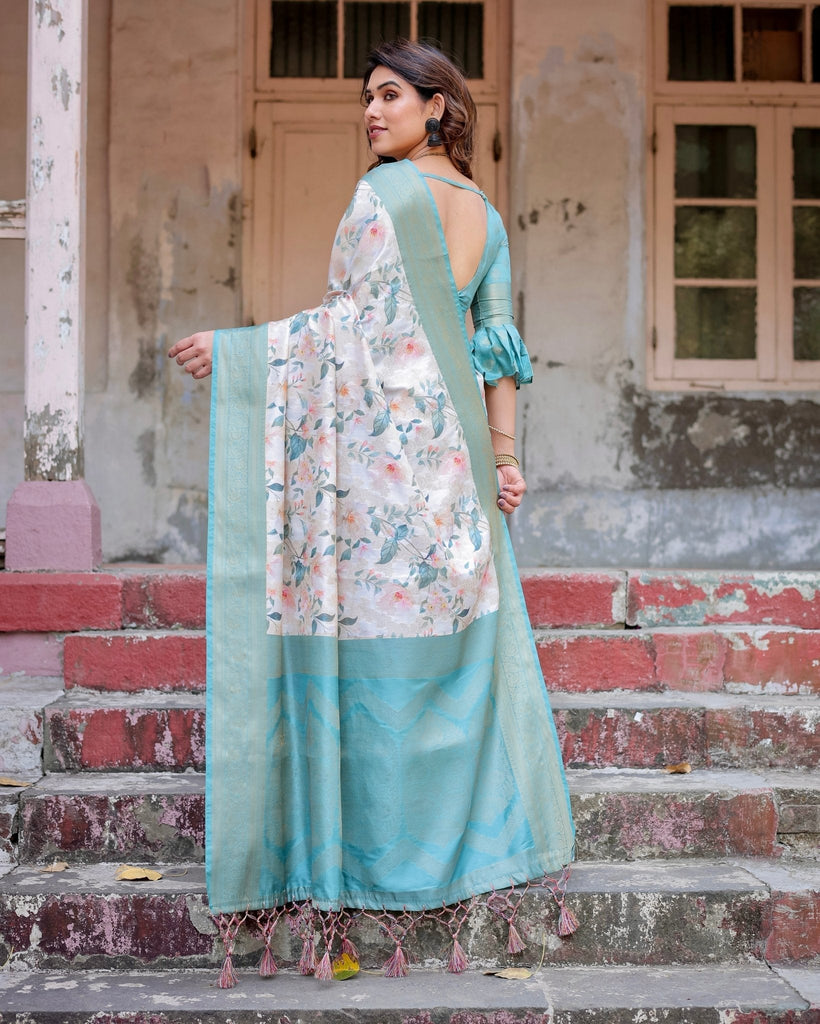 White and Aqua Floral Digital Print Banarasi Silk Saree with Zari Weave and Tassel-Adorned Pallu BANARASI PRINTED