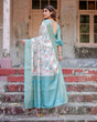 Load image into Gallery viewer, White and Aqua Floral Digital Print Banarasi Silk Saree with Zari Weave and Tassel-Adorned Pallu BANARASI PRINTED