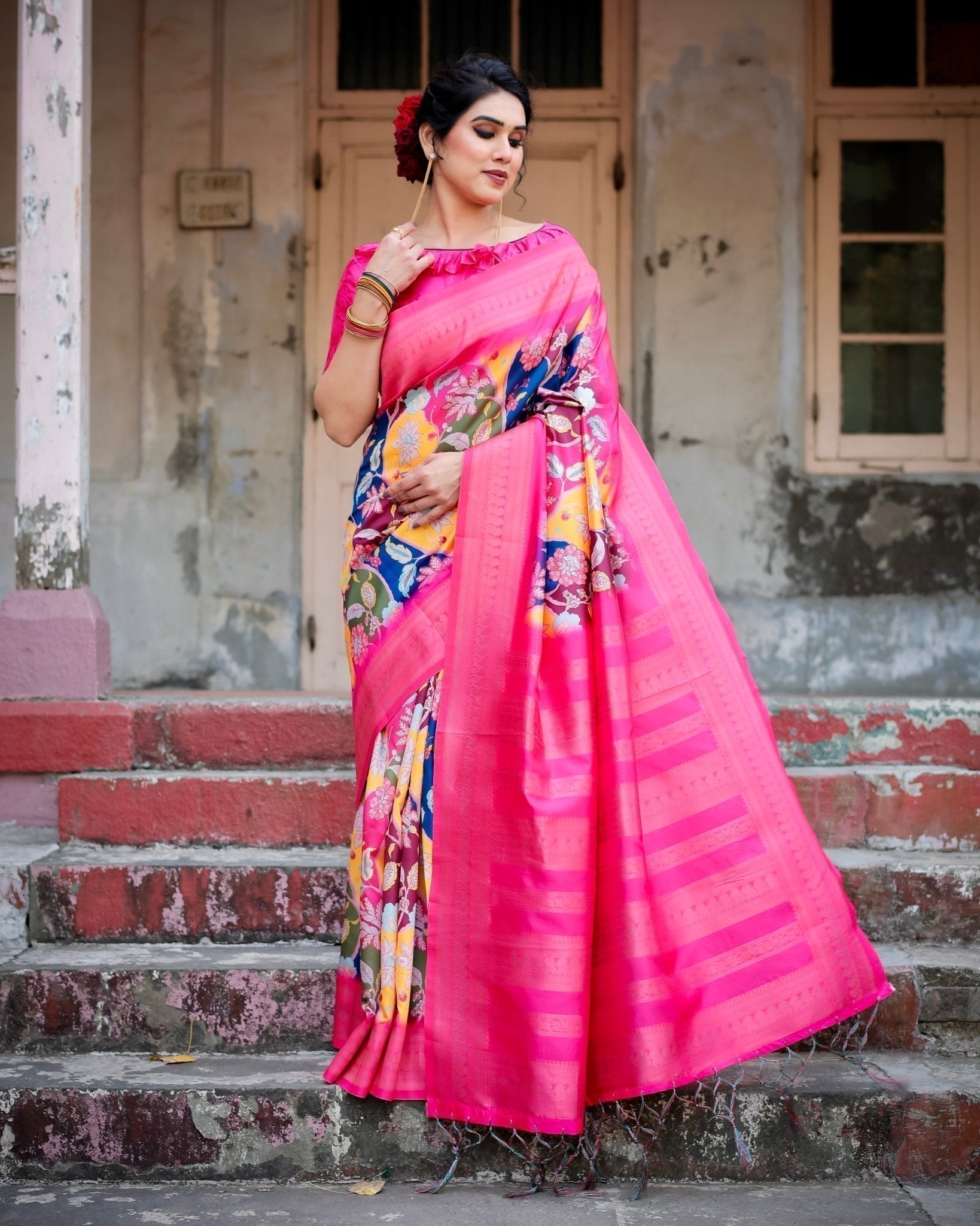 Hot Pink Multicolor Floral Digital Printed Banarasi Silk Saree with Zari Woven Border and Solid Pink Pallu - Includes Tassels BANARASI PRINTED Main image
