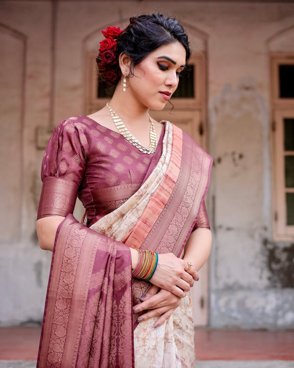 Marble-Print Banarasi Silk Saree in Deep Maroon with Zari Weaving and Tassels BANARASI PRINTED