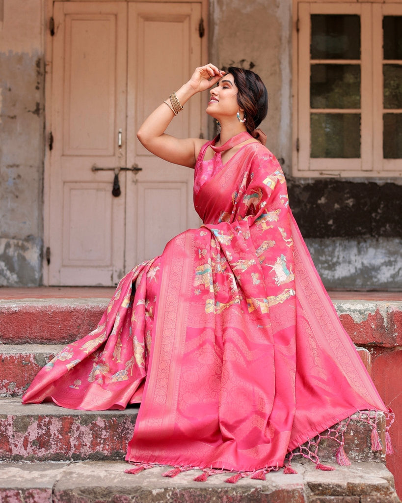 Regal Pink Banarasi Silk Saree with Zari Weave and Intricate Tassels BANARASI PRINTED