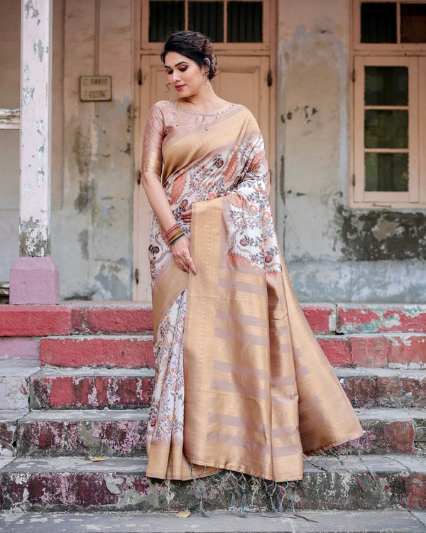 Elegant Beige Floral Banarasi Silk Saree with Zari Weave and Tassels BANARASI PRINTED