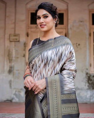 Elegant Banarasi Silk Saree with Zari Weaving and Tassels in Shades of Grey and Black BANARASI PRINTED
