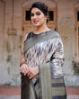 Load image into Gallery viewer, Elegant Banarasi Silk Saree with Zari Weaving and Tassels in Shades of Grey and Black BANARASI PRINTED