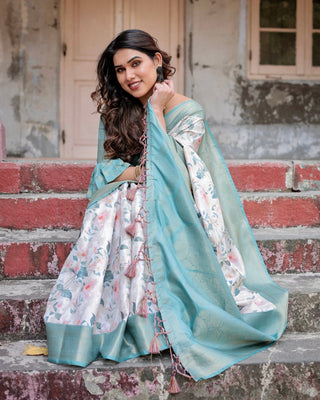 White and Aqua Floral Digital Print Banarasi Silk Saree with Zari Weave and Tassel-Adorned Pallu BANARASI PRINTED