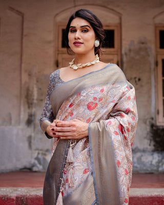 Elegant Grey Banarasi Silk Saree with Intricate Floral Design and Zari Weave BANARASI PRINTED
