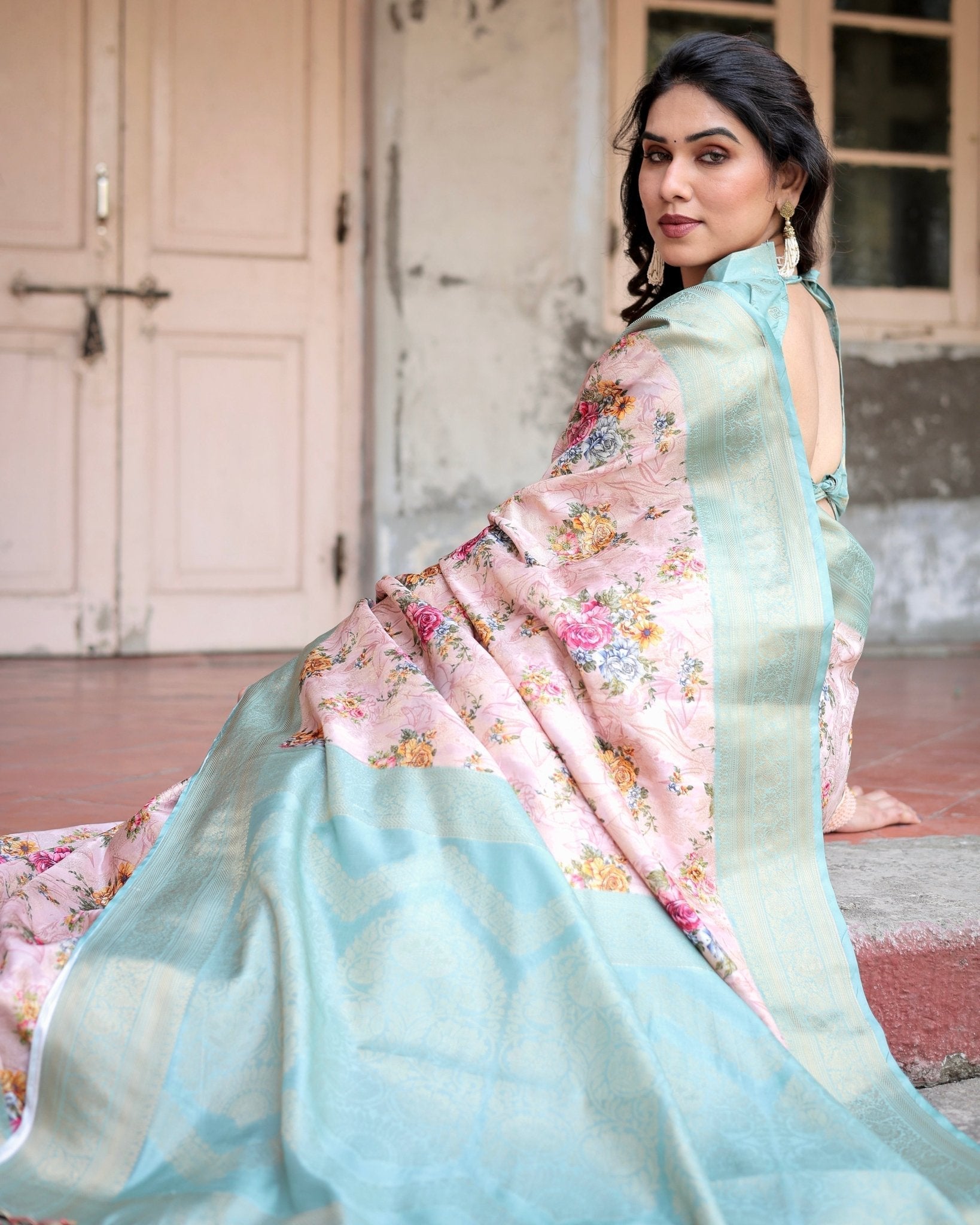 Pink and Green Floral Digital Print Banarasi Silk Saree with Zari Weave and Tassel Pallu BANARASI PRINTED