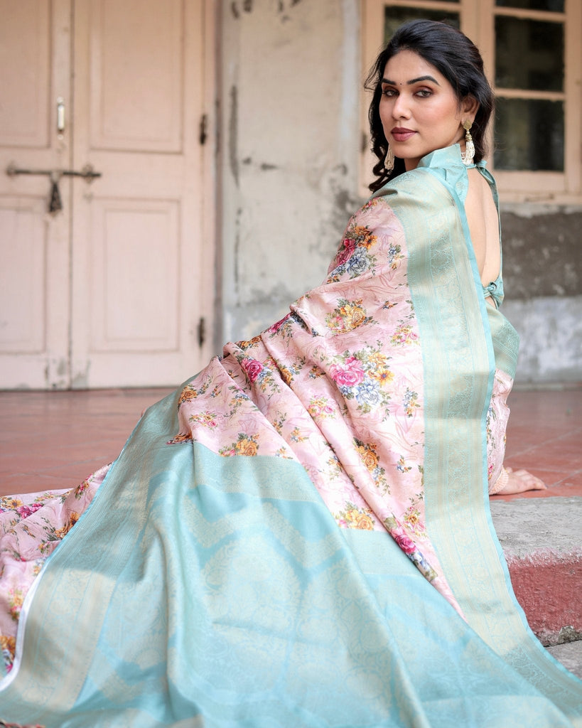 Pink and Green Floral Digital Print Banarasi Silk Saree with Zari Weave and Tassel Pallu BANARASI PRINTED