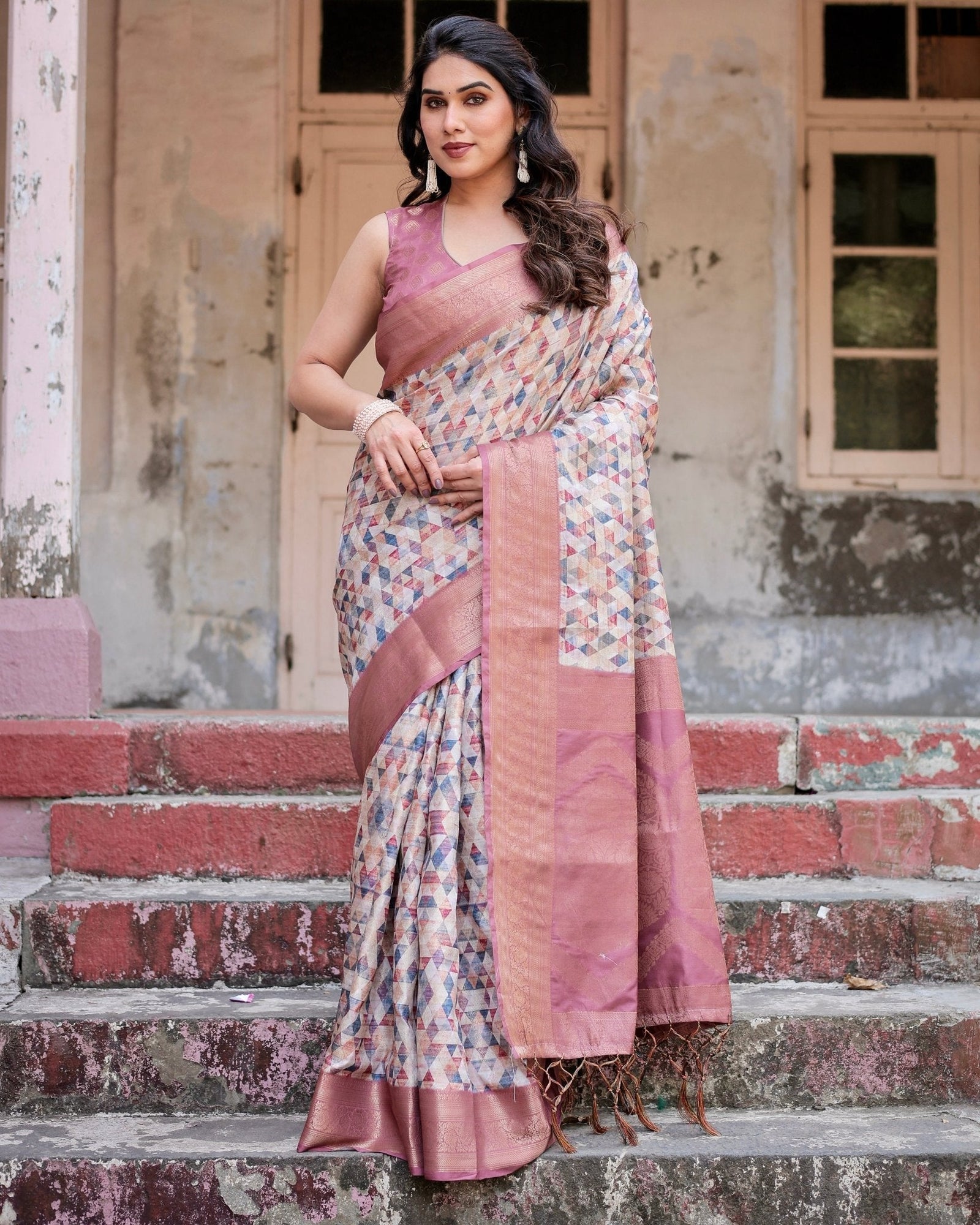 Beige and Pink Geometric Print Banarasi Silk Saree with Zari Weave and Tassel-Embellished Pallu BANARASI PRINTED