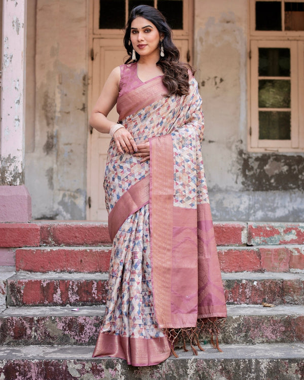 Beige and Pink Geometric Print Banarasi Silk Saree with Zari Weave and Tassel-Embellished Pallu BANARASI PRINTED