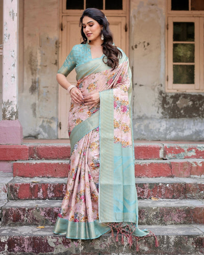Pink and Green Floral Digital Print Banarasi Silk Saree with Zari Weave and Tassel Pallu BANARASI PRINTED