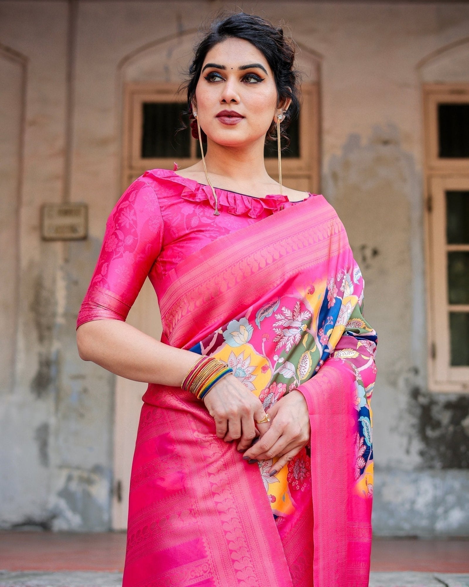 Hot Pink Multicolor Floral Digital Printed Banarasi Silk Saree with Zari Woven Border and Solid Pink Pallu - Includes Tassels BANARASI PRINTED