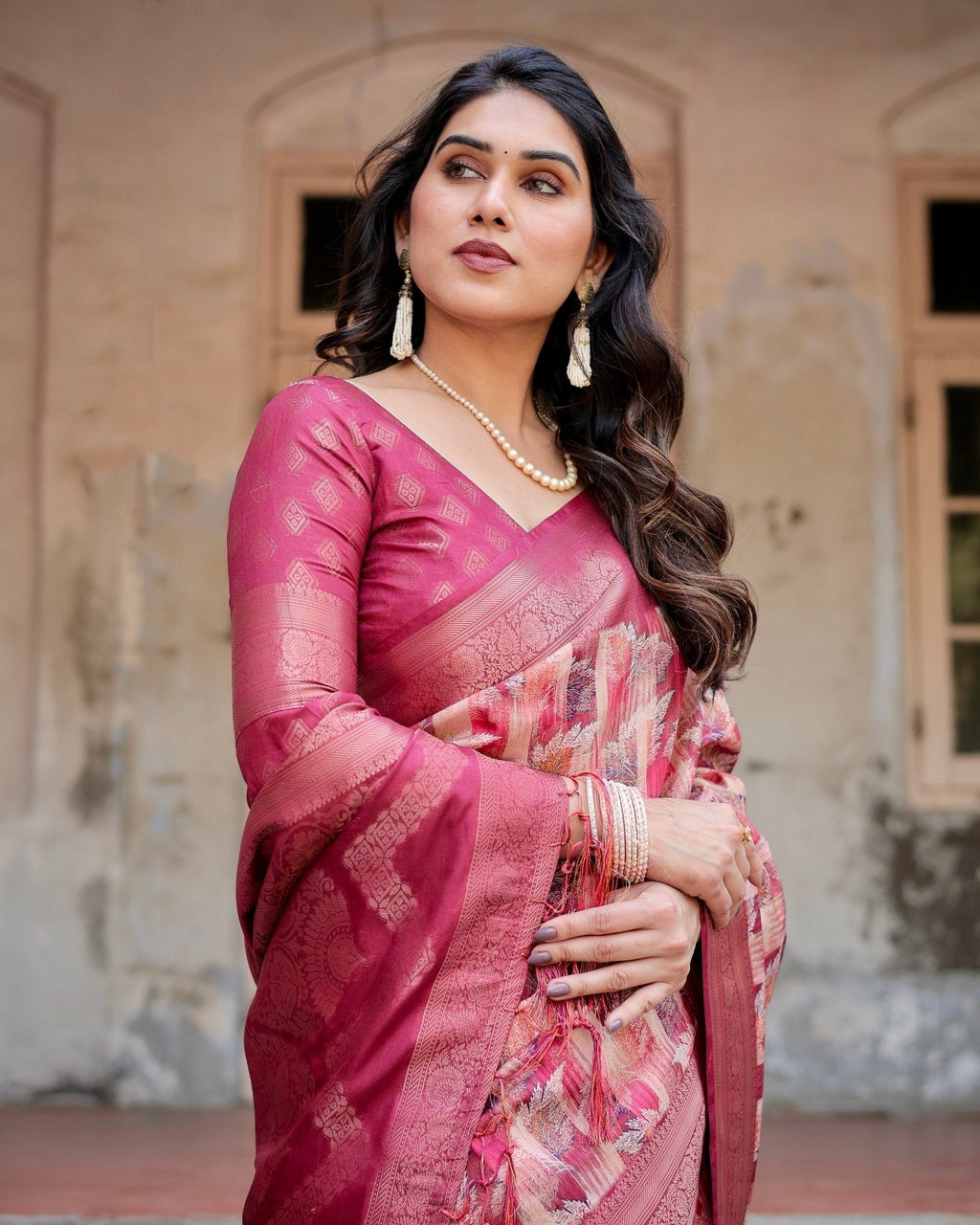 Pink and Maroon Abstract Digital Print Banarasi Silk Saree with Zari Weave and Tassel-Embellished Pallu BANARASI PRINTED