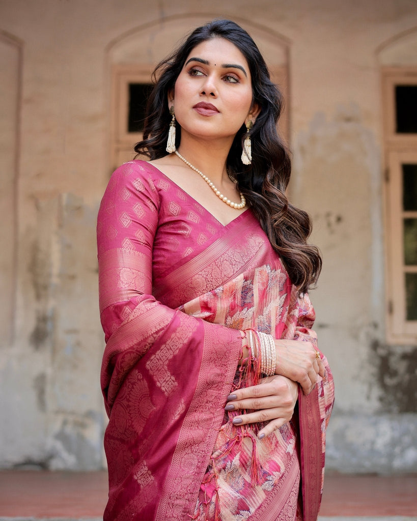 Pink and Maroon Abstract Digital Print Banarasi Silk Saree with Zari Weave and Tassel-Embellished Pallu BANARASI PRINTED
