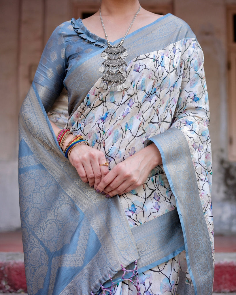 Elegant Light Blue Banarasi Silk Saree with Floral Design and Zari Weaved Pallu BANARASI PRINTED