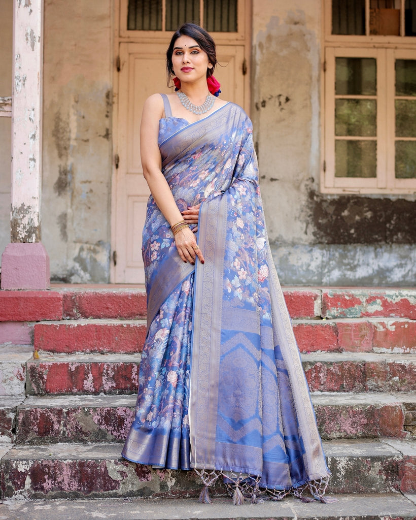 Majestic Blue Banarasi Silk Saree with Delicate Floral Zari Work and Tassel-Embellished Pallu BANARASI PRINTED