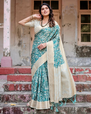 Teal and Cream Floral Banarasi Silk Saree with Zari Weave and Tassel-Accented Pallu BANARASI PRINTED