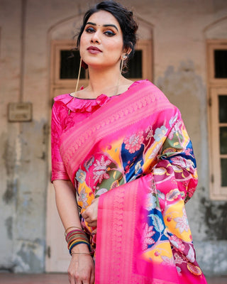 Hot Pink Multicolor Floral Digital Printed Banarasi Silk Saree with Zari Woven Border and Solid Pink Pallu - Includes Tassels BANARASI PRINTED