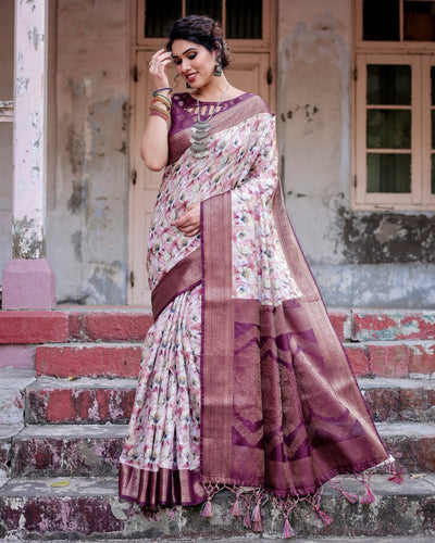Elegant Wine Floral Banarasi Silk Saree with Zari Weave and Tassels BANARASI PRINTED