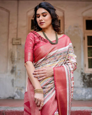 Red and Multicolor Digital Print Banarasi Silk Saree with Zari Weave and Tassel-Adorned Pallu BANARASI PRINTED