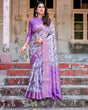 Load image into Gallery viewer, Lavender and White Geometric Floral Digital Print Banarasi Silk Saree with Zari Weave and Tassel-Embellished Pallu BANARASI PRINTED