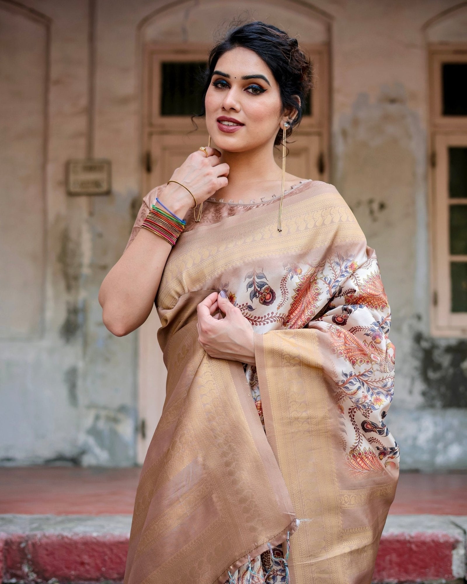 Elegant Beige Floral Banarasi Silk Saree with Zari Weave and Tassels BANARASI PRINTED