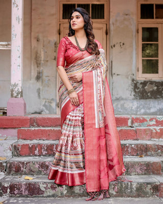 Red and Multicolor Digital Print Banarasi Silk Saree with Zari Weave and Tassel-Adorned Pallu BANARASI PRINTED