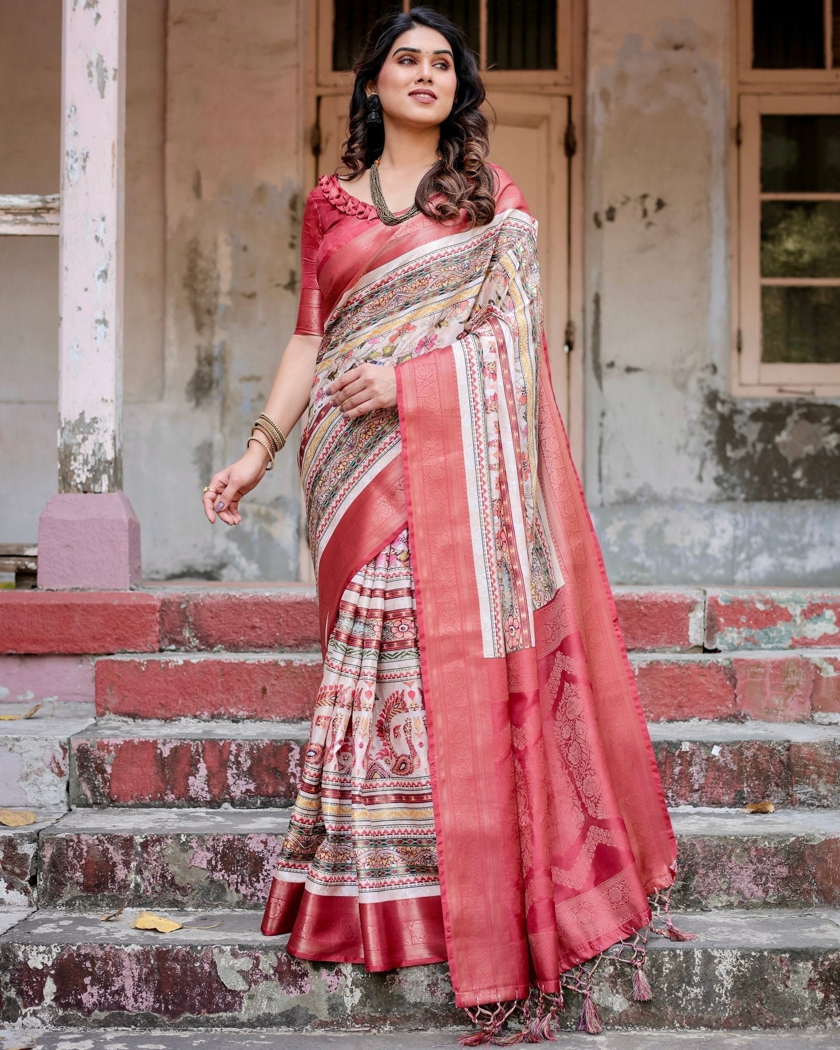 Red and Multicolor Digital Print Banarasi Silk Saree with Zari Weave and Tassel-Adorned Pallu Secondary image