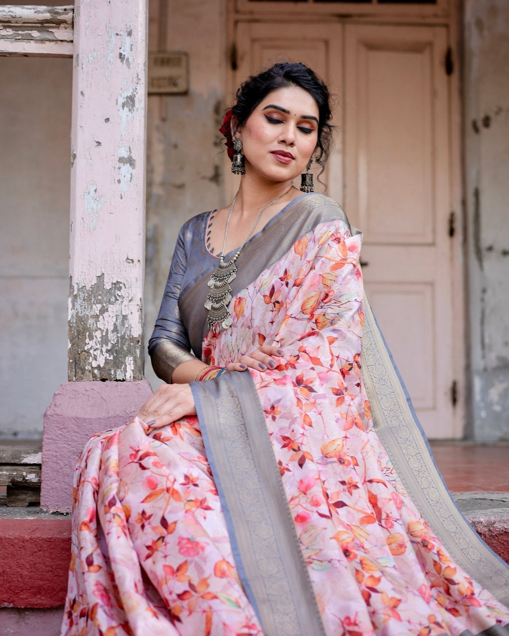 Graceful Grey Banarasi Silk Saree with Floral Elegance and Zari Accents BANARASI PRINTED