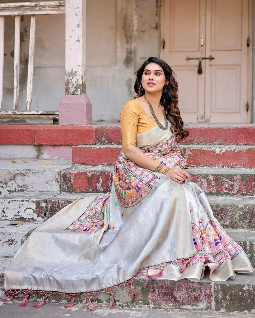 Off-White and Multicolor Mandala Design Banarasi Silk Saree with Zari Weave and Tassel-Adorned Pallu BANARASI PRINTED