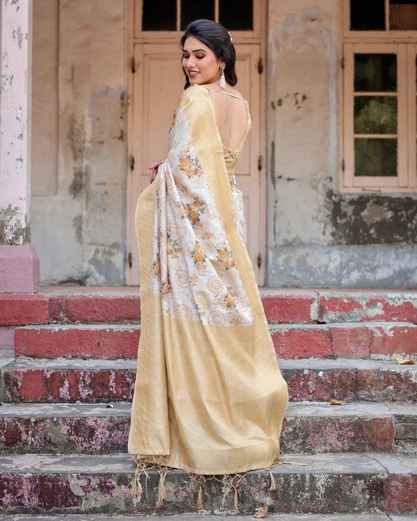 Ivory and Gold Banarasi Silk Saree with Floral Print, Zari Border, and Tassels BANARASI PRINTED