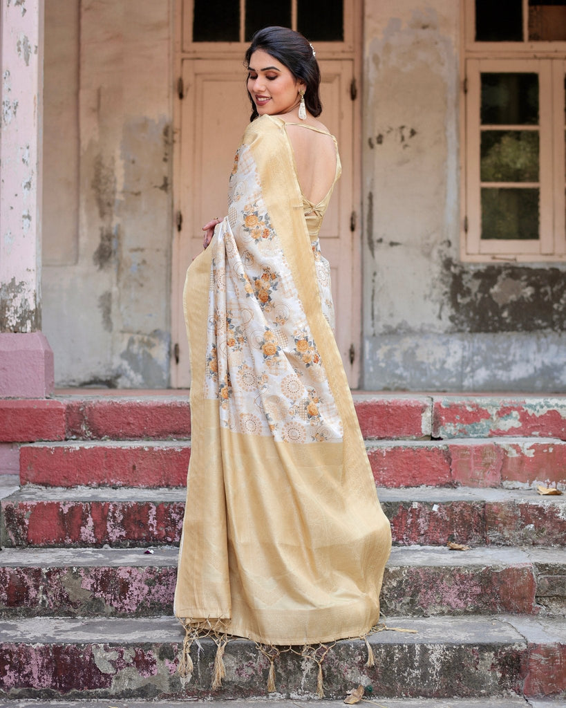 Ivory and Gold Banarasi Silk Saree with Floral Print, Zari Border, and Tassels BANARASI PRINTED