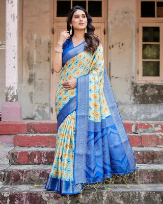 Yellow and Blue Ikat Digital Print Banarasi Silk Saree with Zari Weave and Tassel-Embellished Pallu BANARASI PRINTED