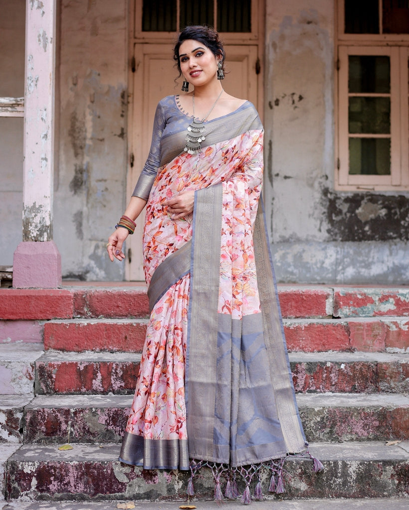 Graceful Grey Banarasi Silk Saree with Floral Elegance and Zari Accents BANARASI PRINTED
