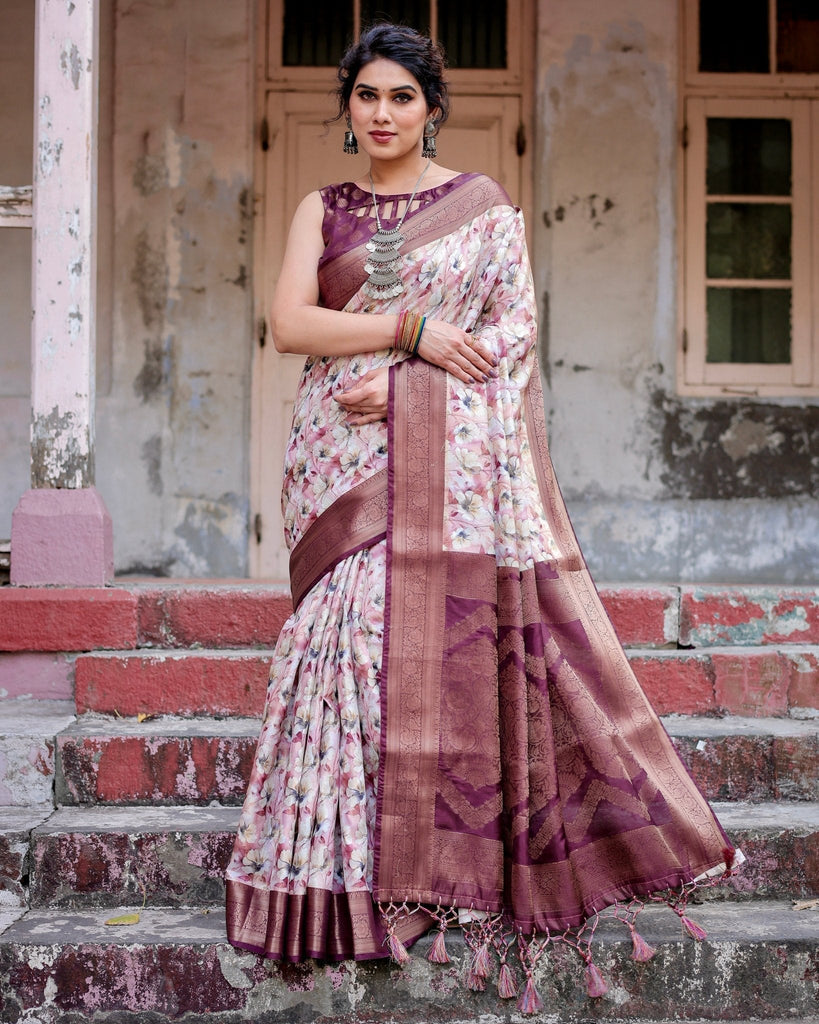 Elegant Wine Floral Banarasi Silk Saree with Zari Weave and Tassels BANARASI PRINTED