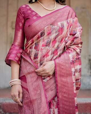 Pink and Maroon Abstract Digital Print Banarasi Silk Saree with Zari Weave and Tassel-Embellished Pallu BANARASI PRINTED